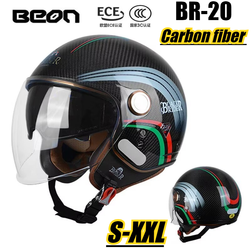 Vintage Open Face Retro Helmet - BEON BR-20 fibra de carbono 3/4