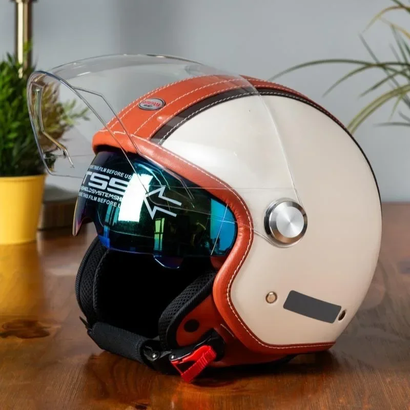 Vintage Open Face Retro Helmet - Casco de Motocicleta de Cuero Vintage